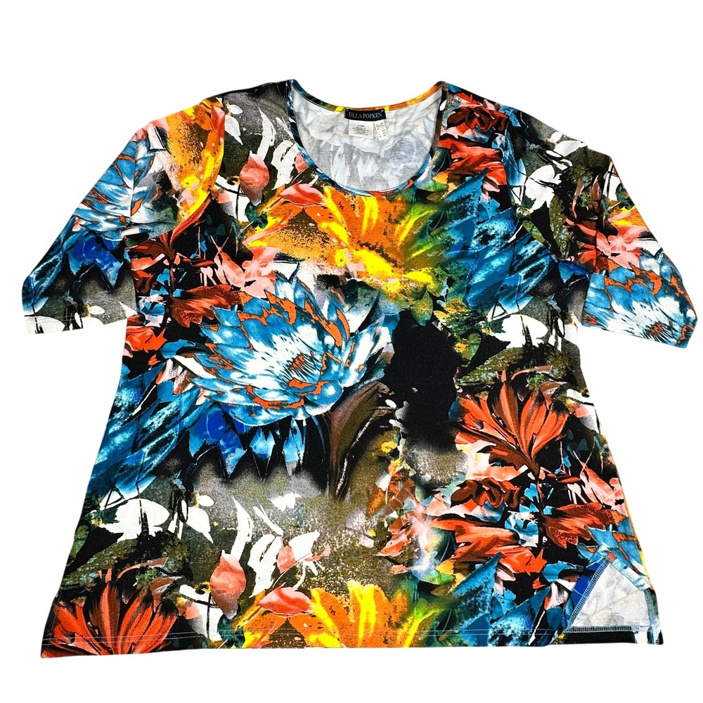 Ulla Popken Womens Floral Print Tunic Top Multicolor Short Sleeve Size 20/22